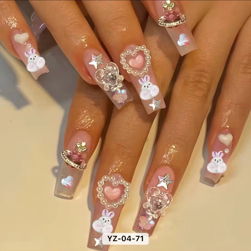 Cute Bunny Nail Art with Pearls and Stars
